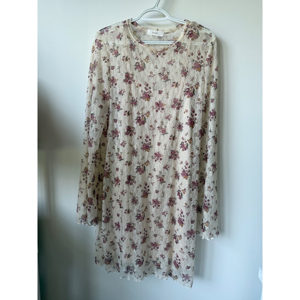 Dee Elly Floral Lace Mini Dress Cream Mauve Long Sleeve Shift XL DEDK973-QZQ